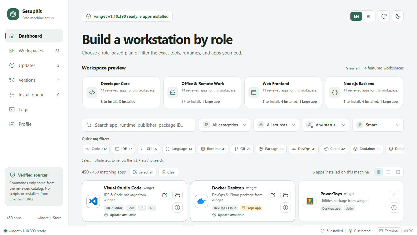 SetupKit catalog with workspace preview